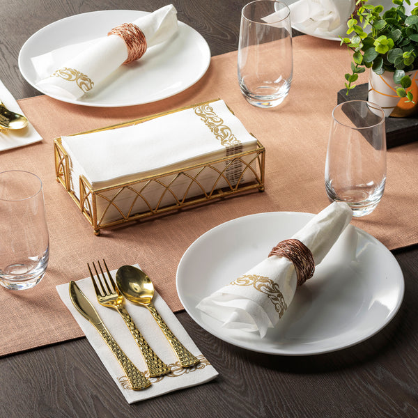 BloominGoods Disposable Dinner Napkins & Decorative Bathroom Paper Hand Towels | Soft and Absorbent Linen-Feel Guest Towels for Kitchen, Parties, Weddings, Dinners, Events | White and Gold (100-Pack)