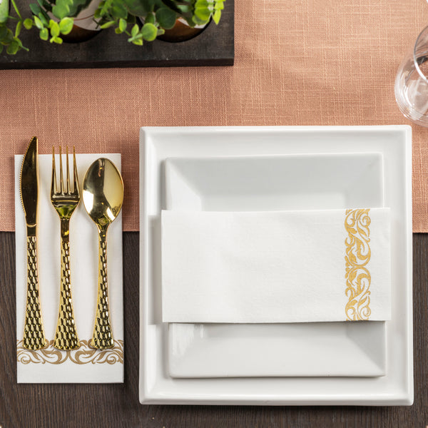 BloominGoods Disposable Dinner Napkins & Decorative Bathroom Paper Hand Towels | Soft and Absorbent Linen-Feel Guest Towels for Kitchen, Parties, Weddings, Dinners, Events | White and Gold (100-Pack)