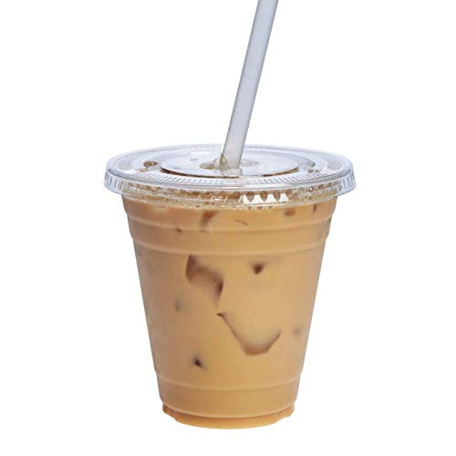 100 Smoothie Cups with Flat Lids | 12 oz. Disposable Plastic Tumblers for Iced Coffee, Boba Tea, Cold Juices, and To Go Drinks by BloominGoods