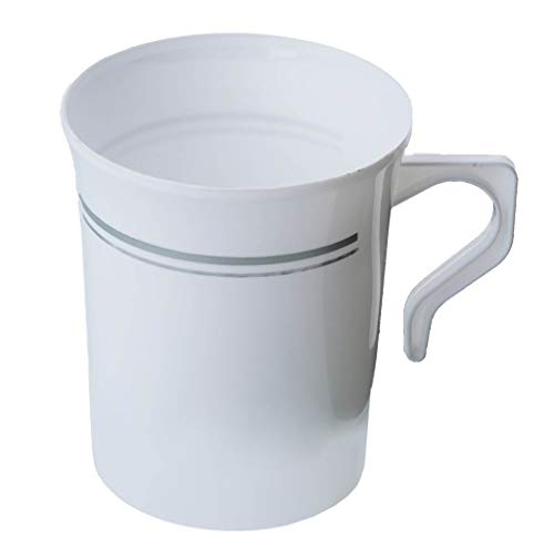 50 Heavyweight Disposable White Plastic 8 oz. Coffee Mugs with Silver Trim | Tea, Cappuccino, Espresso Cups with Handles (50-Pack) by Bloomingoods
