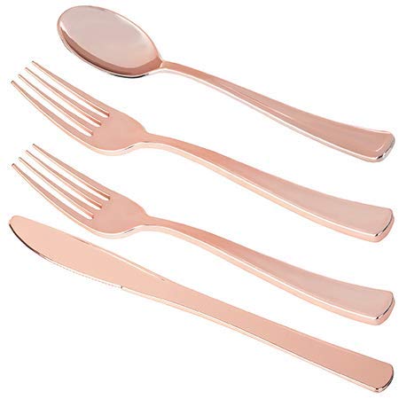 200 Piece Plastic Silverware Set | Rose Gold Cutlery | Disposable Flatware | 100 Forks 50 Spoons 50 Knives (50 Guests) by Bloomingoods