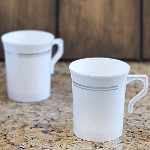 50 Heavyweight Disposable White Plastic 8 oz. Coffee Mugs with Silver Trim | Tea, Cappuccino, Espresso Cups with Handles (50-Pack) by Bloomingoods