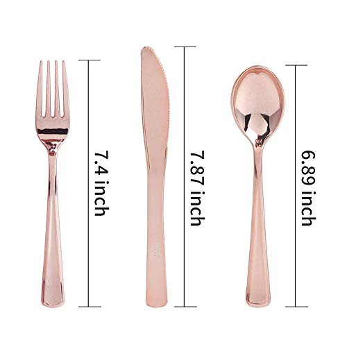25 Guest Disposable Rose Gold Party Dinnerware Set | Heavy Duty Plastic Plates & Silverware | Wedding Tableware set 50 Forks, 25 Spoons, 25 Knives, 25 Dinner Plates, 25 Dessert Plates (150 pieces)