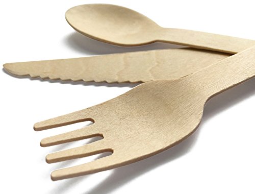 Disposable Wooden Cutlery Set |100 Forks, 50 Knives, 50 Spoons | Eco Friendly & Biodegradable, Compostable| 100% Natural Birchwood Cutlery (200 pieces)