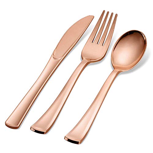 200 Piece Plastic Silverware Set | Rose Gold Cutlery | Disposable Flatware | 100 Forks 50 Spoons 50 Knives (50 Guests) by Bloomingoods