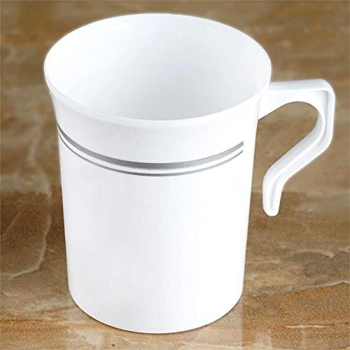50 Heavyweight Disposable White Plastic 8 oz. Coffee Mugs with Silver Trim | Tea, Cappuccino, Espresso Cups with Handles (50-Pack) by Bloomingoods