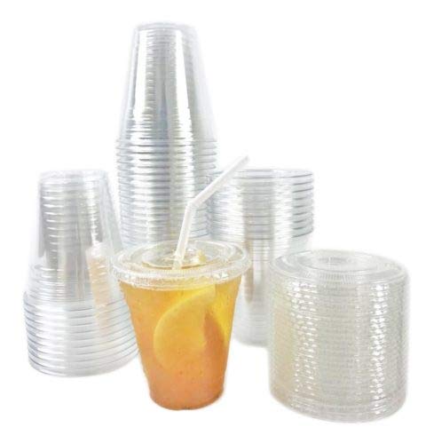 100 Smoothie Cups with Flat Lids | 12 oz. Disposable Plastic Tumblers for Iced Coffee, Boba Tea, Cold Juices, and To Go Drinks by BloominGoods