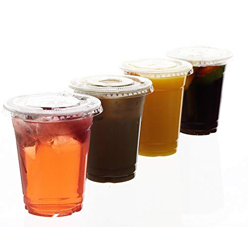 100 Smoothie Cups with Flat Lids | 12 oz. Disposable Plastic Tumblers for Iced Coffee, Boba Tea, Cold Juices, and To Go Drinks by BloominGoods