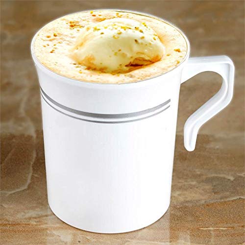 50 Heavyweight Disposable White Plastic 8 oz. Coffee Mugs with Silver Trim | Tea, Cappuccino, Espresso Cups with Handles (50-Pack) by Bloomingoods