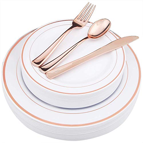 25 Guest Disposable Rose Gold Party Dinnerware Set | Heavy Duty Plastic Plates & Silverware | Wedding Tableware set 50 Forks, 25 Spoons, 25 Knives, 25 Dinner Plates, 25 Dessert Plates (150 pieces)