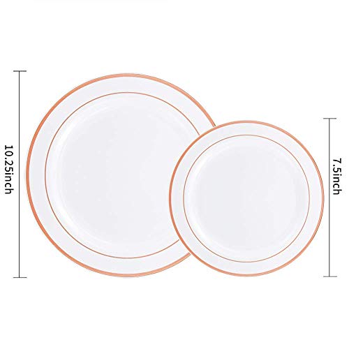 25 Guest Disposable Rose Gold Party Dinnerware Set | Heavy Duty Plastic Plates & Silverware | Wedding Tableware set 50 Forks, 25 Spoons, 25 Knives, 25 Dinner Plates, 25 Dessert Plates (150 pieces)