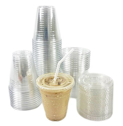 100 Smoothie Cups with Flat Lids | 12 oz. Disposable Plastic Tumblers for Iced Coffee, Boba Tea, Cold Juices, and To Go Drinks by BloominGoods
