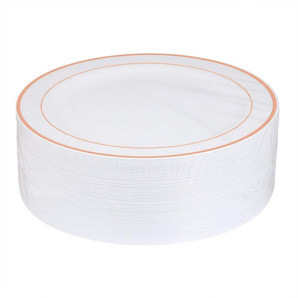 BloominGoods - Disposable Plastic plates, White with ROSE GOLD Rim - 10.25" Dinner Plates (100-pack)