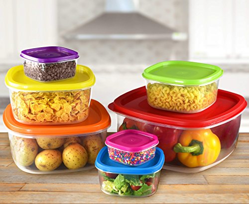 7 Piece Food Container Set | Airtight Easy Lid Lock Design for Dry & Liquid Food Storage, Heavy Duty Plastic Re-Usable BPA Free Perfect for Kitchen Use by BloominGoods