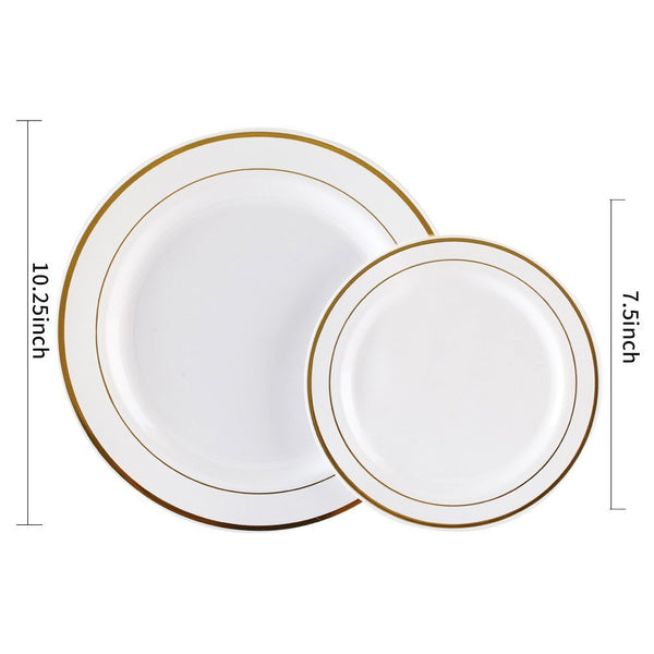 25 Guest Disposable Gold Party Dinnerware Set | Heavy Duty Plastic Plates & Silverware | Wedding Tableware set includes 50 Forks, 25 Spoons, 25 Knives, 25 Dinner Plates, 25 Dessert Plates (150 pieces)