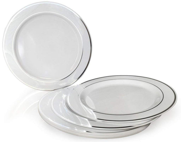 50 Plastic Disposable Dinner Plates | 10.25 inches White with Silver Rim Real China Look | Ideal for Weddings, Parties, Catering | Heavy Duty & Non Toxic (50-Pack) by BloominGoods