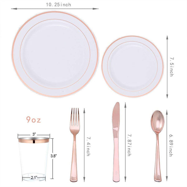 25 Guest Disposable Rose Gold Dinnerware Set | Heavy Duty Plastic Plates, Cups & Silverware | 50 Forks, 25 Spoons, 25 Dessert Spoons, 25 Knives, 25 Dinner Plates, 25 Dessert Plates, 25 Soup Bowls
