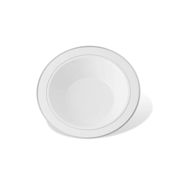 50 Disposable White Silver Trim Plastic Dessert Bowls | SMALL 6 oz. Premium Heavy Duty Disposable Dinnerware with Real China Design | Safe & Reusable and Great for Parties (50-Pack) by Bloomingoods