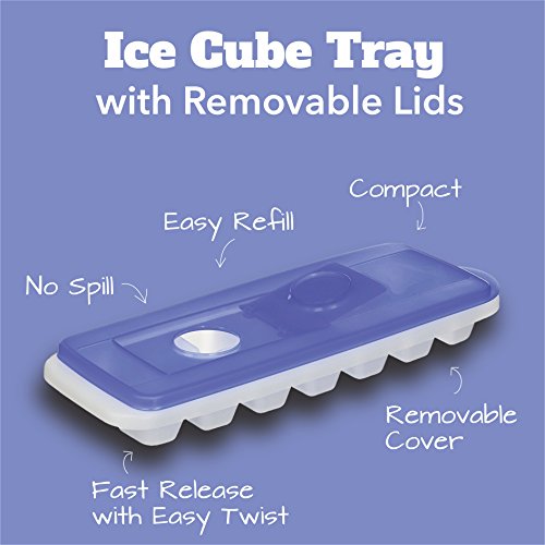 Ice Cube Trays with Lids | Stackable & No Spill, Covered Ice Cube Tray Set with Removable Covers | White & Blue (Pack of 2) by BloominGoods