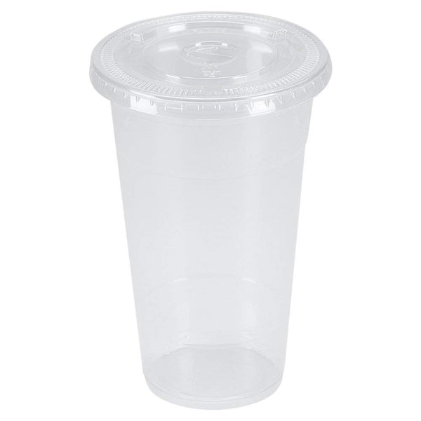 100 Smoothie Cups with Flat Lids | 24 oz. Disposable Plastic Tumblers for Iced Coffee, Boba Tea, Cold Juices, and To Go Drinks by BloominGoods