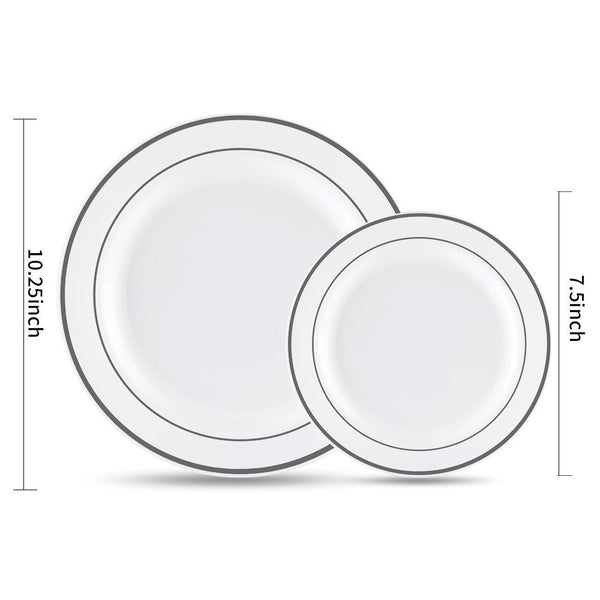 25 Guest Disposable Silver Dinnerware Set | Heavy Duty Plastic Plates, Cups, Silverware & Napkins. 50 Forks, 25 Spoons, 25 Knives, 25 Dinner Plates, 25 Dessert Plates & 25 Cups | Bonus 50 Guest Towels