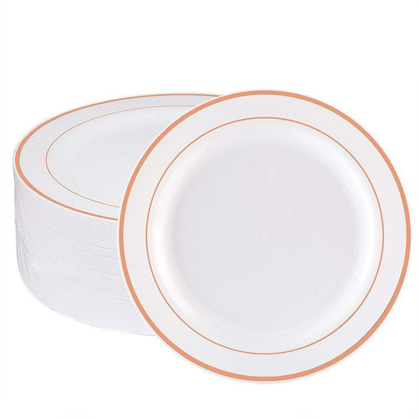 50 Large Plastic Disposable Dinner Plates | 10.25 inches White with Rose Gold Rim Real China Look | Ideal for Weddings, Parties, Catering – Heavy Duty & Non-Toxic (50-Pack) by BloominGoods