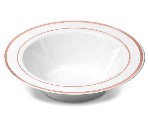 Disposable White Rose Gold Rimmed Plastic Dessert Bowls | SMALL 6 oz. Premium Heavy Duty Disposable Dinnerware with Real China Design | Safe & Reusable and Great for Parties (50-Pack) by Bloomingoods