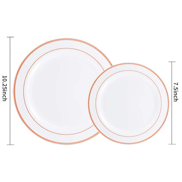 25 Guest Disposable Rose Gold Dinnerware Set | Heavy Duty Plastic Plates, Cups, Silverware & Napkins. 50 Forks, 25 Spoons, 25 Knives, 25 Dinner Plates, 25 Dessert Plates, 25 Cups & 50 Guest Towels