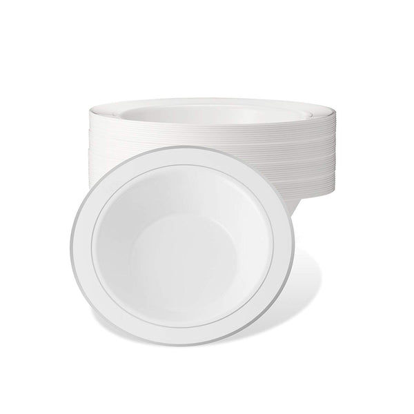 50 Disposable White Silver Trim Plastic Dessert Bowls | SMALL 6 oz. Premium Heavy Duty Disposable Dinnerware with Real China Design | Safe & Reusable and Great for Parties (50-Pack) by Bloomingoods