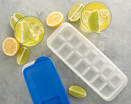 Ice Cube Trays with Lids | Stackable, No Spill, Covered Ice Cube Tray Set with Removable Covers | White & Blue - (Pack of 4) by Bloomingoods