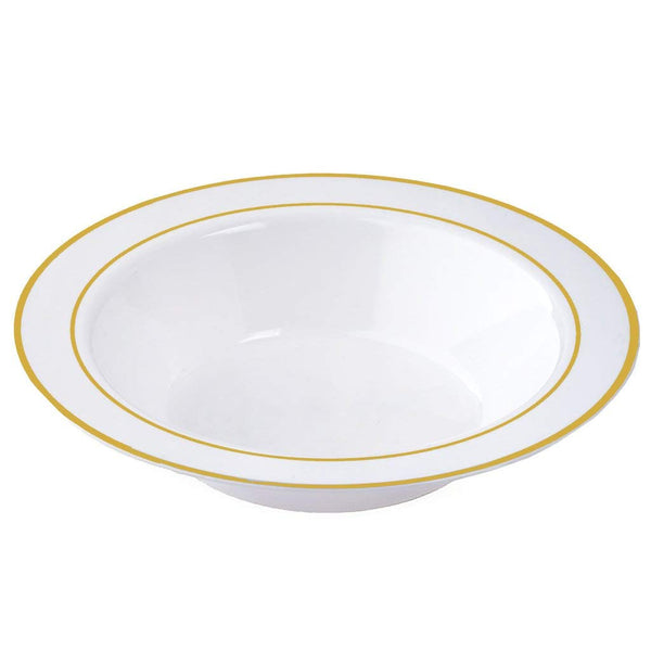 50 Disposable White Gold Trim Plastic Soup Bowls | 14 oz. Premium Heavy Duty Disposable Dinnerware with Real China Design | Safe & Reusable and Great for Parties or Weddings. (50-Pack) Gold