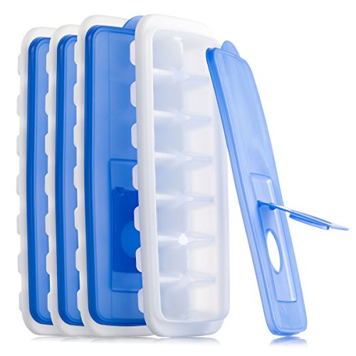 Ice Cube Trays with Lids | Stackable, No Spill, Covered Ice Cube Tray Set with Removable Covers | White & Blue - (Pack of 4) by Bloomingoods