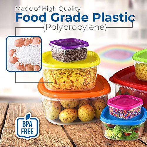 7 Piece Food Container Set | Airtight Easy Lid Lock Design for Dry & Liquid Food Storage, Heavy Duty Plastic Re-Usable BPA Free Perfect for Kitchen Use by BloominGoods