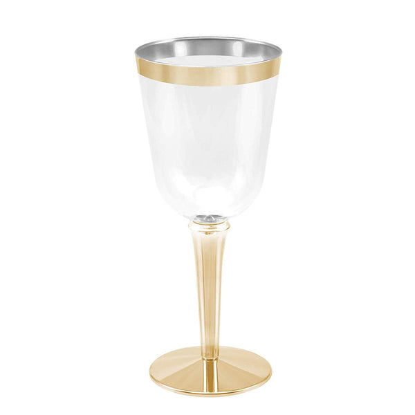 50 Gold Rimmed Disposable Plastic Wine Glasses | Large 10 oz. Premium Clear Hard Plastic Fancy Wine Cups for Weddings & Events (50-Pack) by BloominGoods