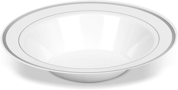 BloominGoods - Disposable Plastic plates, White with SILVER Rim - 14-Ounce Soupe Bowls (100-pack)