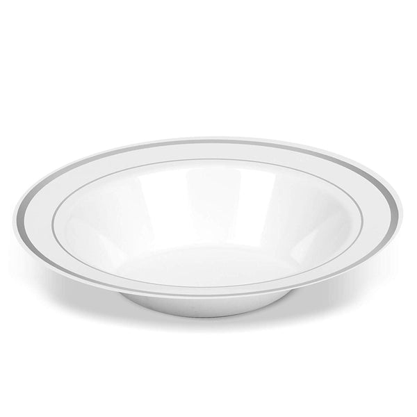 50 Disposable White Silver Rimmed Plastic Soup Bowls | 14 oz. Premium Heavy Duty Disposable Dinnerware with Real China Design | Safe & Reusable (50-Pack White/Silver Trim) by Bloomingoods