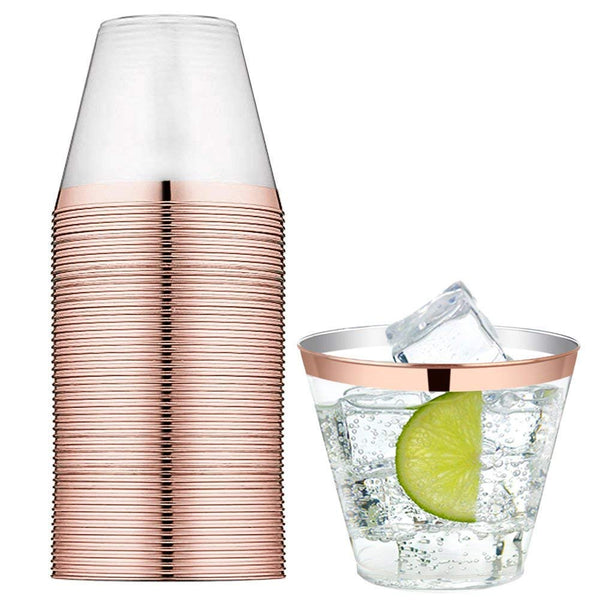 100 Rose Gold Rimmed Clear Hard Plastic Cups | 9 oz. Fancy Disposable Tumblers (100-Pack) by Bloomingoods