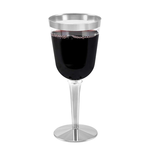 50 Silver Rimmed Disposable Plastic Wine Glasses | Large 10 oz. Premium Clear Hard Plastic Fancy Wine Cups for Weddings & Events (50-Pack) by BloominGoods