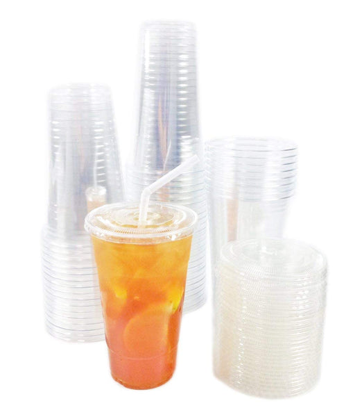 100 Smoothie Cups with Flat Lids | 24 oz. Disposable Plastic Tumblers for Iced Coffee, Boba Tea, Cold Juices, and To Go Drinks by BloominGoods