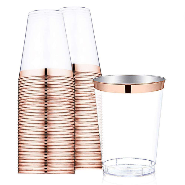 50 Rose Gold Rimmed Clear Hard Plastic Cups | 12 oz. Fancy Disposable Wedding Tumblers for Party & Wedding (50-Pack) by Bloomingoods