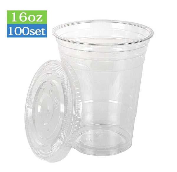 100 Smoothie Cups with Flat Lids | 16 oz. Disposable Plastic Tumblers for Iced Coffee, Boba Tea, Cold Juices, and To Go Drinks by BloominGoods
