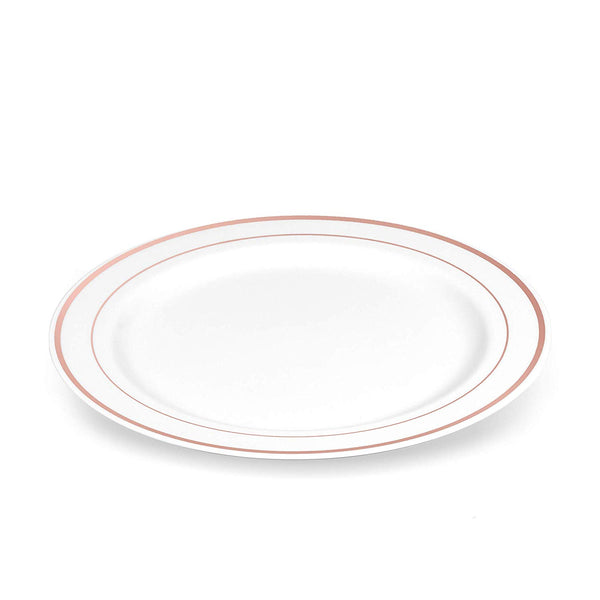 50 Plastic Disposable Dessert/Appetizer Plates | 7.5 inches White with Rose Gold Rim Real China Look | Ideal for Weddings, Parties, Catering | Heavy Duty & Non Toxic (50-Pack) by BloominGoods