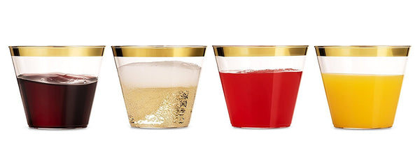 100 Gold Rimmed Clear Hard Plastic Cups | 9 oz. Fancy Disposable Tumblers (100-Pack) by Bloomingoods