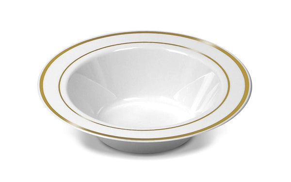 50 Disposable White Gold Trim Plastic Dessert Bowls | SMALL 6 oz. Premium Heavy Duty Disposable Dinnerware with Real China Design | Safe & Reusable and Great for Parties (50-Pack) by Bloomingoods
