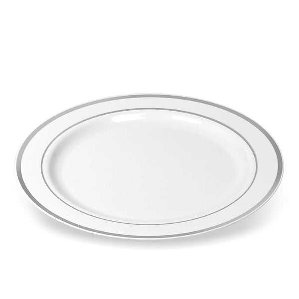 BloominGoods - Disposable Plastic plates, White with SILVER Rim - 10.25" Dinner Plates (100-pack)