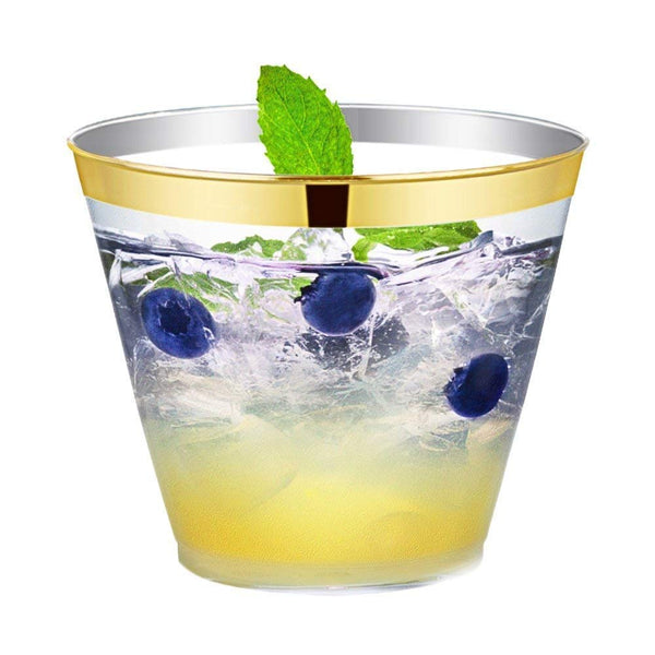 100 Gold Rimmed Clear Hard Plastic Cups | 9 oz. Fancy Disposable Tumblers (100-Pack) by Bloomingoods