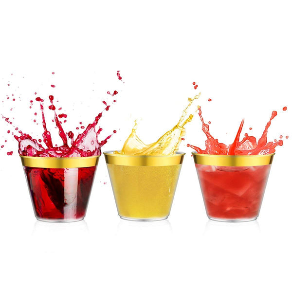 100 Gold Rimmed Clear Hard Plastic Cups | 9 oz. Fancy Disposable Tumblers (100-Pack) by Bloomingoods