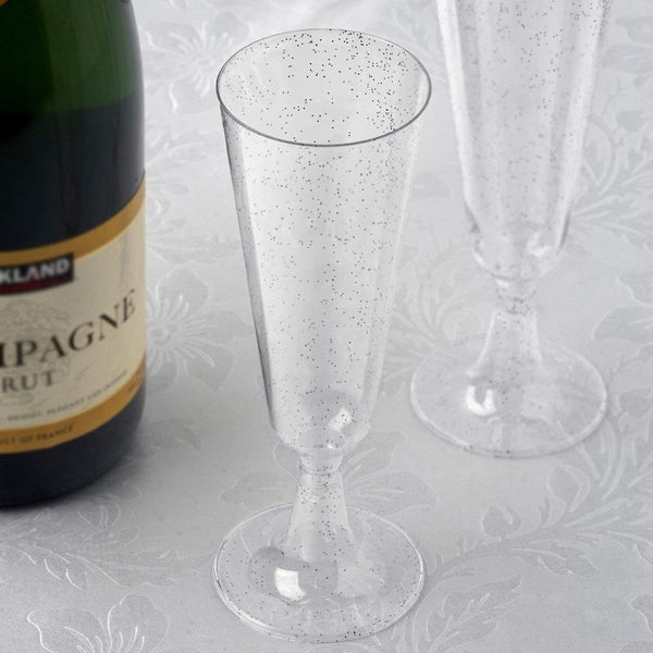 50 Plastic Silver Glittered Champagne Flutes | 5.5 oz. Clear Hard Disposable Party & Wedding Cups | Premium Heavy Duty Fancy Champagne Flute or Toasting Glasses (50-Pack) Silver Sparkled