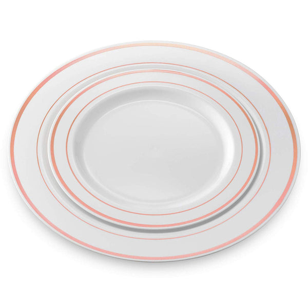 50 Disposable White Rose Gold Rimmed Heavy Duty Plastic Plates | 25 Dinner Plates and 25 Dessert or Appetizer Plates | Premium Combo Disposable Dinnerware Set | Great for Parties or Weddings.