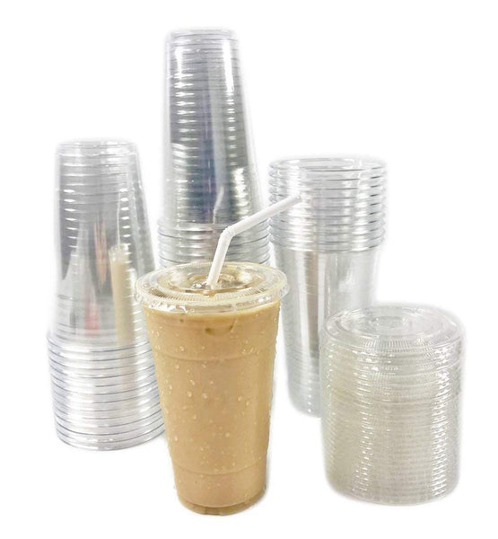 100 Smoothie Cups with Flat Lids | 24 oz. Disposable Plastic Tumblers for Iced Coffee, Boba Tea, Cold Juices, and To Go Drinks by BloominGoods